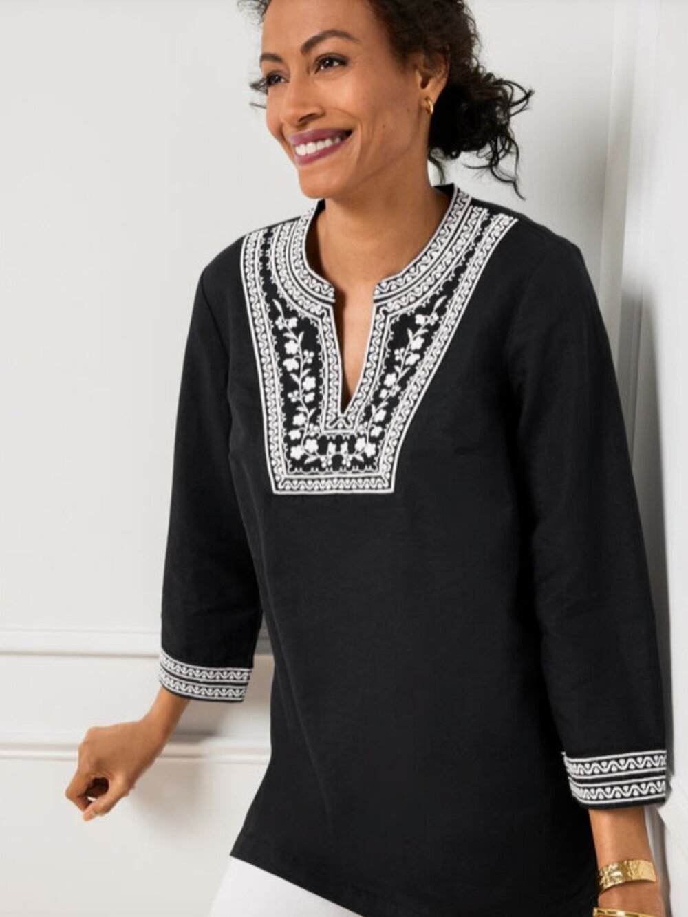 Talbots Black Embroidered Linen Cotton Tunic Boxy Oversized Lagenlook Preppy XL